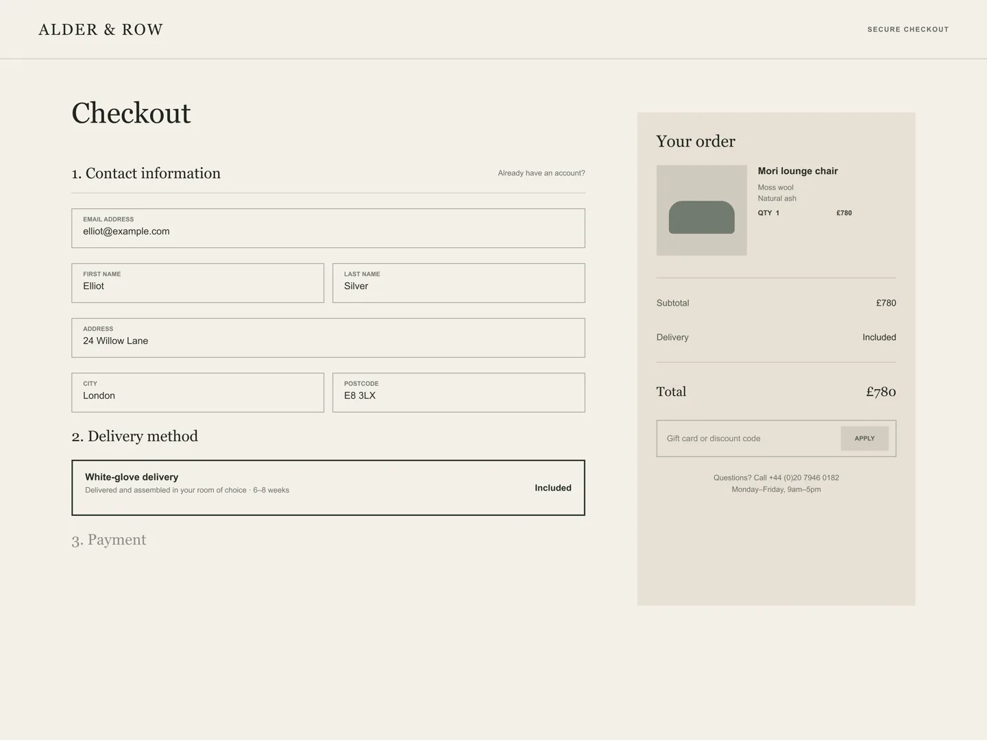 Alder & Row checkout