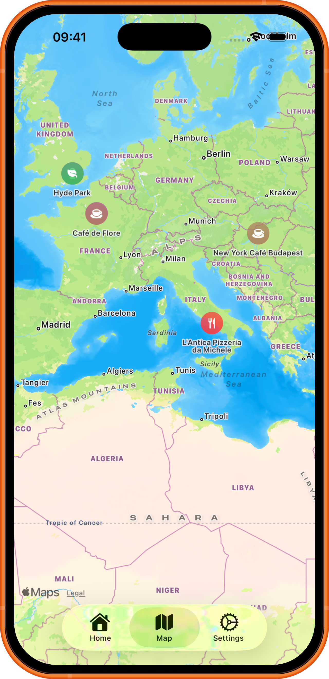 Krow map with saved places across Europe