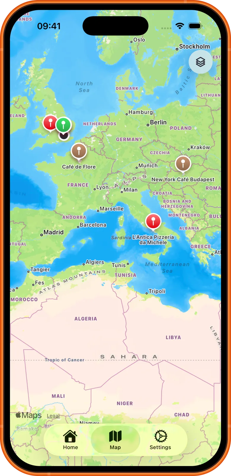 Krow map with saved places across Europe