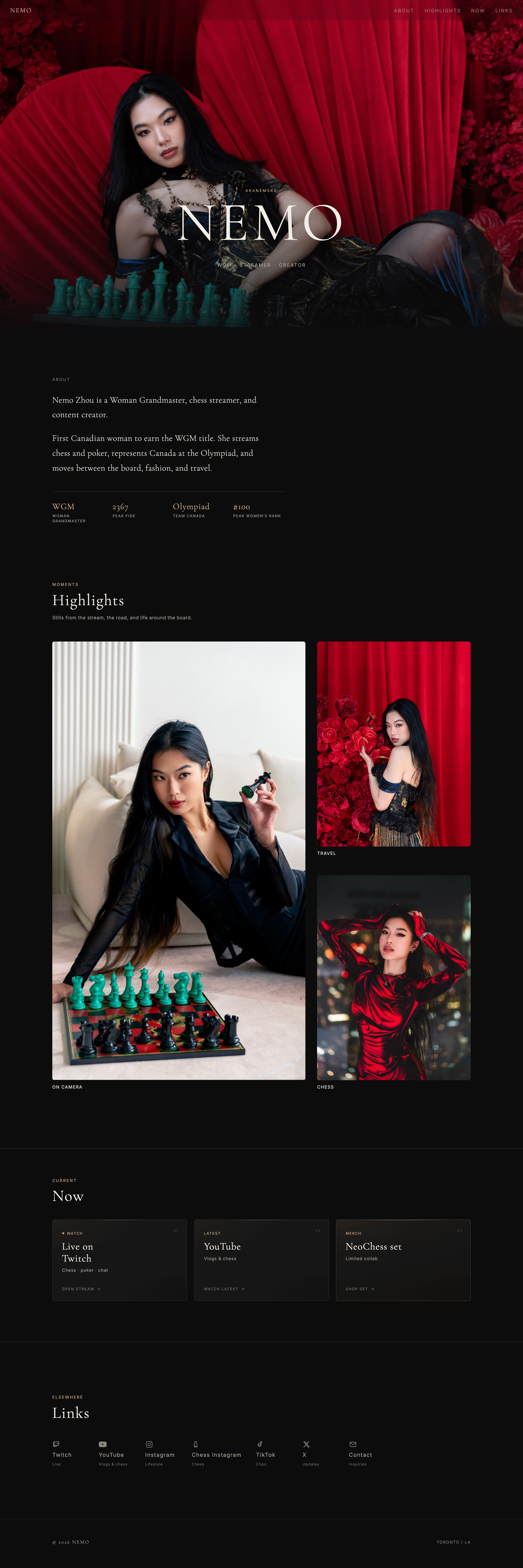 Nemo Zhou website desktop, hero and highlights